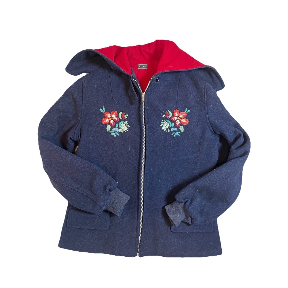 Girls All wool XL Navy Blue Red Floral Embroidery Zip Up convertible Hood